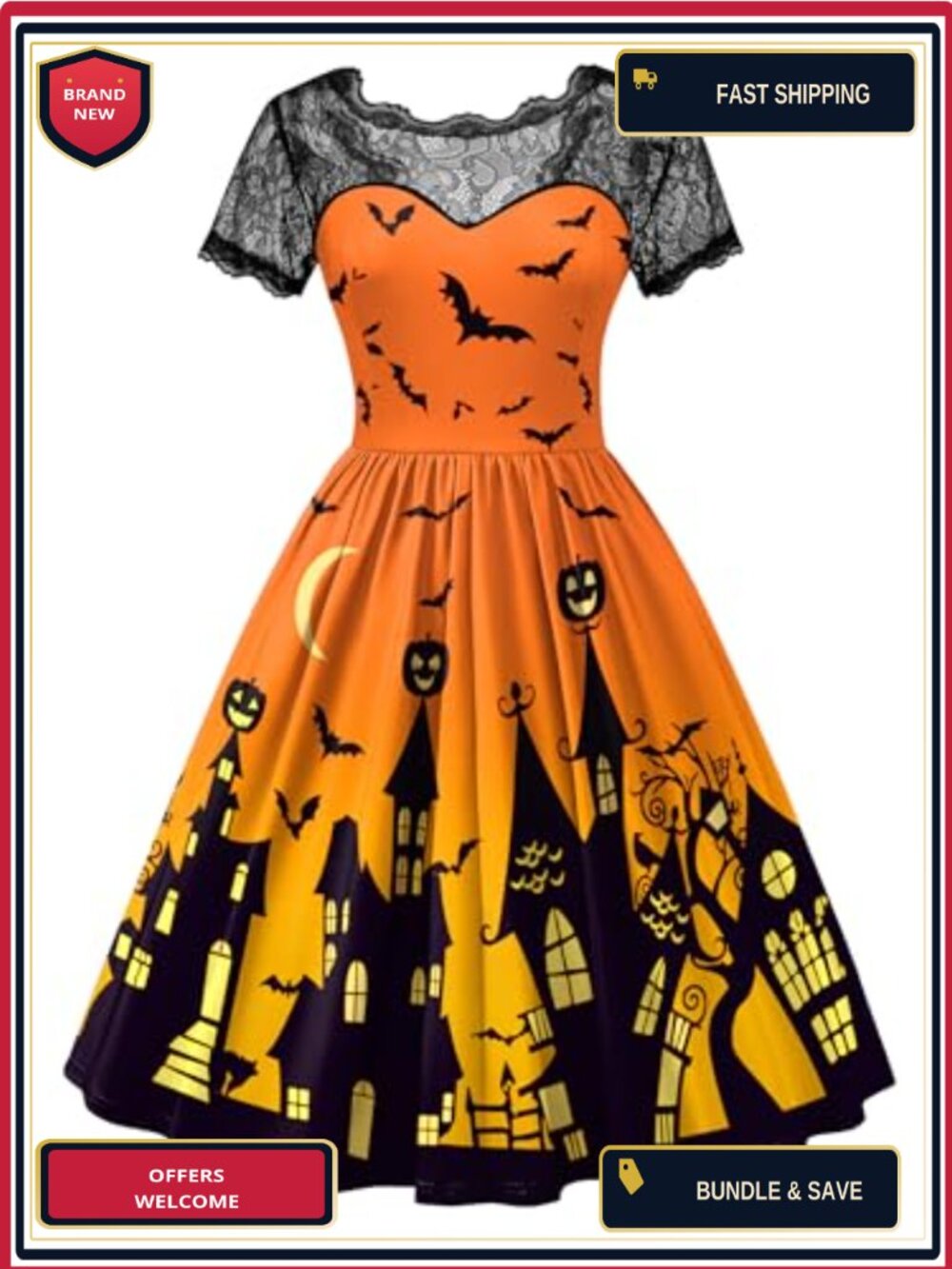 Halloween Lace Short Sleeve A-Line Witch Costume Dress